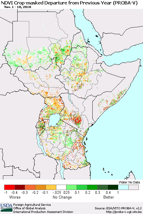 Eastern Africa NDVI Crop-masked Departure from Previous Year (PROBA-V) Thematic Map For 11/1/2018 - 11/10/2018