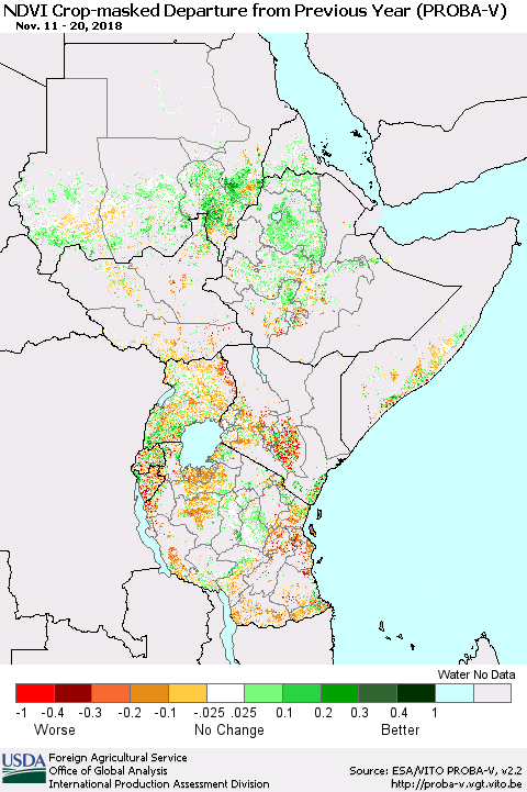 Eastern Africa NDVI Crop-masked Departure from Previous Year (PROBA-V) Thematic Map For 11/11/2018 - 11/20/2018