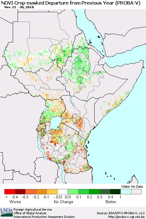 Eastern Africa NDVI Crop-masked Departure from Previous Year (PROBA-V) Thematic Map For 11/21/2018 - 11/30/2018