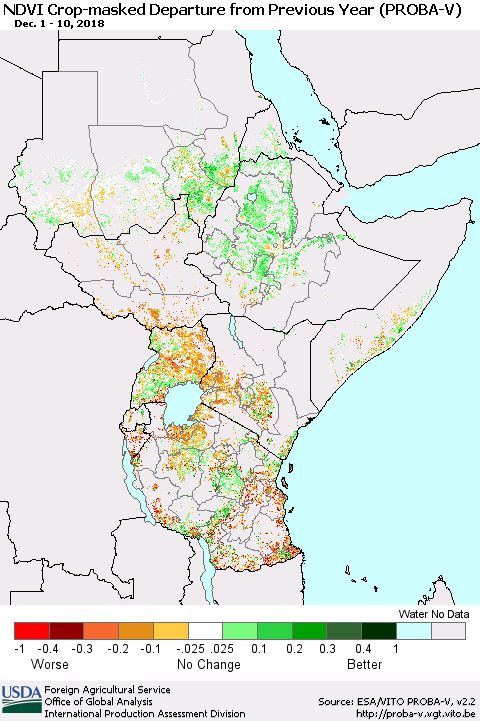 Eastern Africa NDVI Crop-masked Departure from Previous Year (PROBA-V) Thematic Map For 12/1/2018 - 12/10/2018
