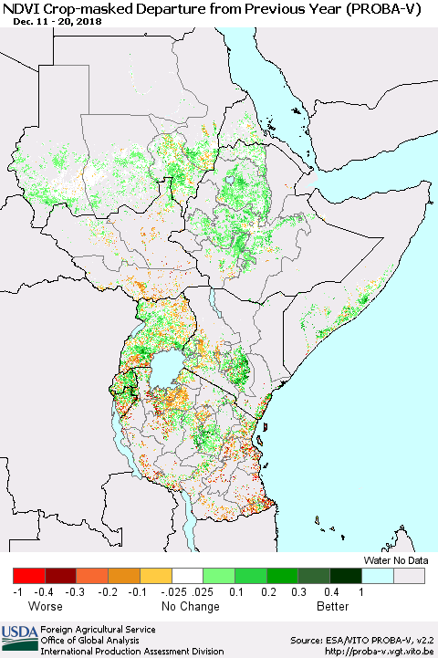 Eastern Africa NDVI Crop-masked Departure from Previous Year (PROBA-V) Thematic Map For 12/11/2018 - 12/20/2018