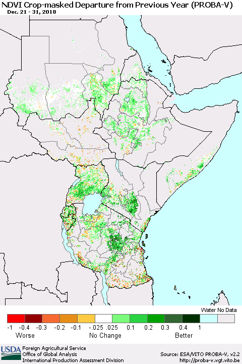Eastern Africa NDVI Crop-masked Departure from Previous Year (PROBA-V) Thematic Map For 12/21/2018 - 12/31/2018