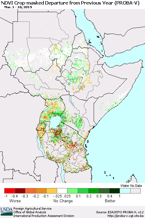 Eastern Africa NDVI Crop-masked Departure from Previous Year (PROBA-V) Thematic Map For 3/1/2019 - 3/10/2019
