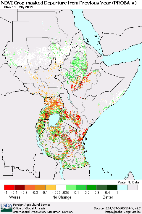 Eastern Africa NDVI Crop-masked Departure from Previous Year (PROBA-V) Thematic Map For 3/11/2019 - 3/20/2019