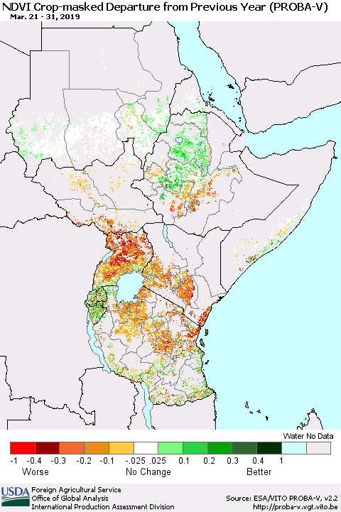 Eastern Africa NDVI Crop-masked Departure from Previous Year (PROBA-V) Thematic Map For 3/21/2019 - 3/31/2019