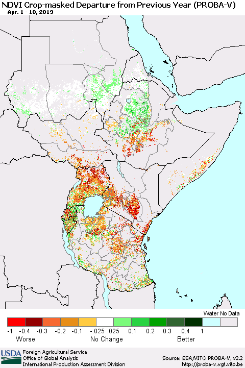 Eastern Africa NDVI Crop-masked Departure from Previous Year (PROBA-V) Thematic Map For 4/1/2019 - 4/10/2019