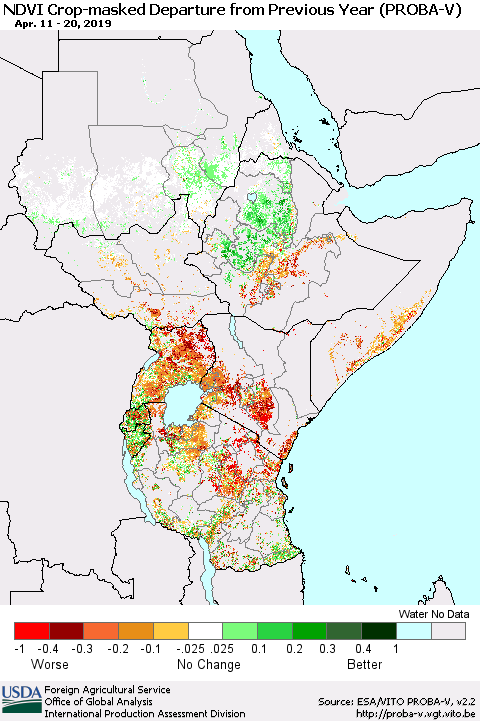 Eastern Africa NDVI Crop-masked Departure from Previous Year (PROBA-V) Thematic Map For 4/11/2019 - 4/20/2019