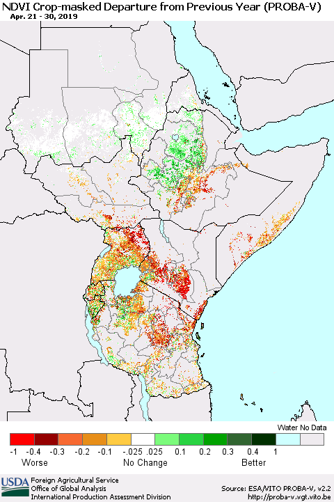 Eastern Africa NDVI Crop-masked Departure from Previous Year (PROBA-V) Thematic Map For 4/21/2019 - 4/30/2019