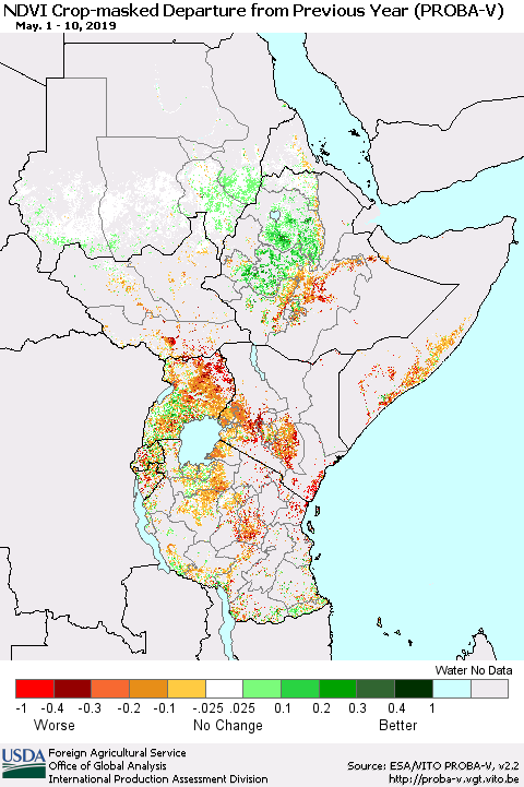 Eastern Africa NDVI Crop-masked Departure from Previous Year (PROBA-V) Thematic Map For 5/1/2019 - 5/10/2019