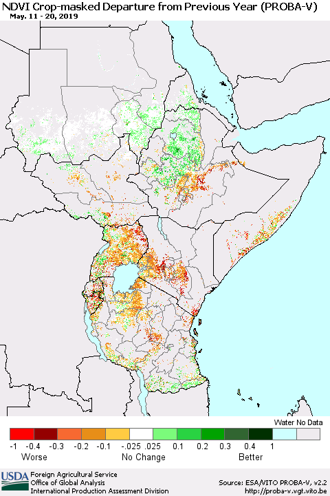 Eastern Africa NDVI Crop-masked Departure from Previous Year (PROBA-V) Thematic Map For 5/11/2019 - 5/20/2019