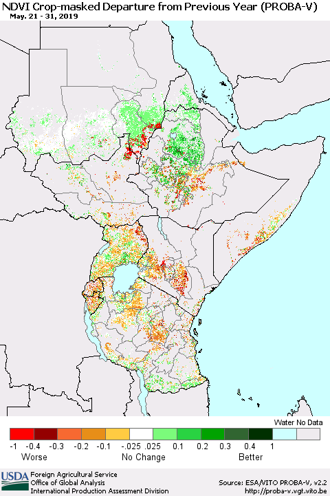 Eastern Africa NDVI Crop-masked Departure from Previous Year (PROBA-V) Thematic Map For 5/21/2019 - 5/31/2019