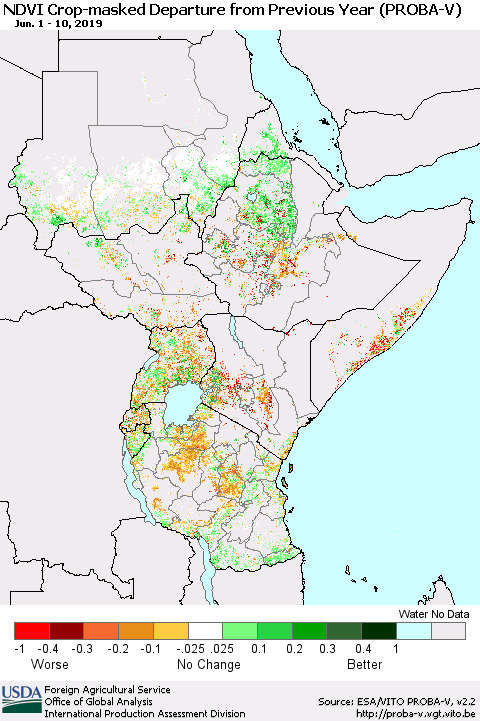 Eastern Africa NDVI Crop-masked Departure from Previous Year (PROBA-V) Thematic Map For 6/1/2019 - 6/10/2019