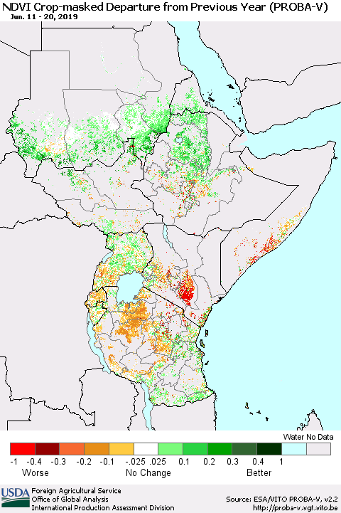 Eastern Africa NDVI Crop-masked Departure from Previous Year (PROBA-V) Thematic Map For 6/11/2019 - 6/20/2019