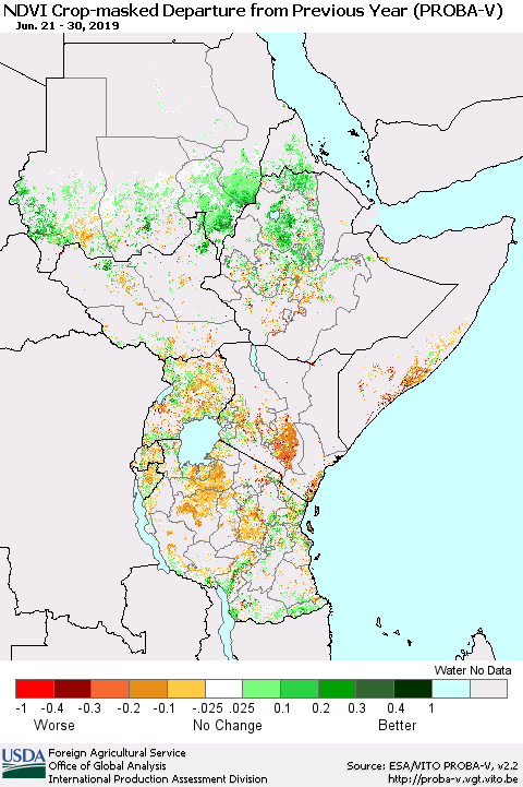 Eastern Africa NDVI Crop-masked Departure from Previous Year (PROBA-V) Thematic Map For 6/21/2019 - 6/30/2019