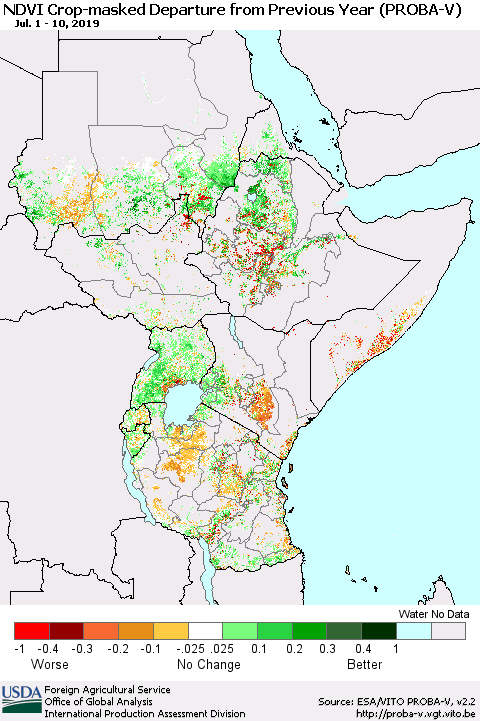 Eastern Africa NDVI Crop-masked Departure from Previous Year (PROBA-V) Thematic Map For 7/1/2019 - 7/10/2019