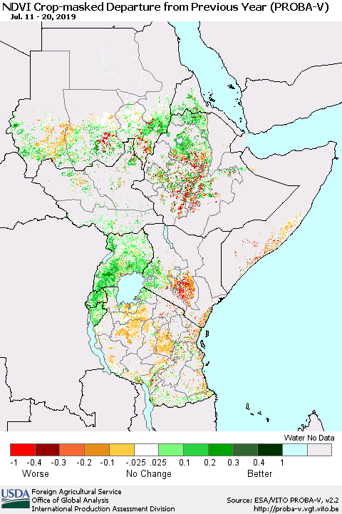 Eastern Africa NDVI Crop-masked Departure from Previous Year (PROBA-V) Thematic Map For 7/11/2019 - 7/20/2019