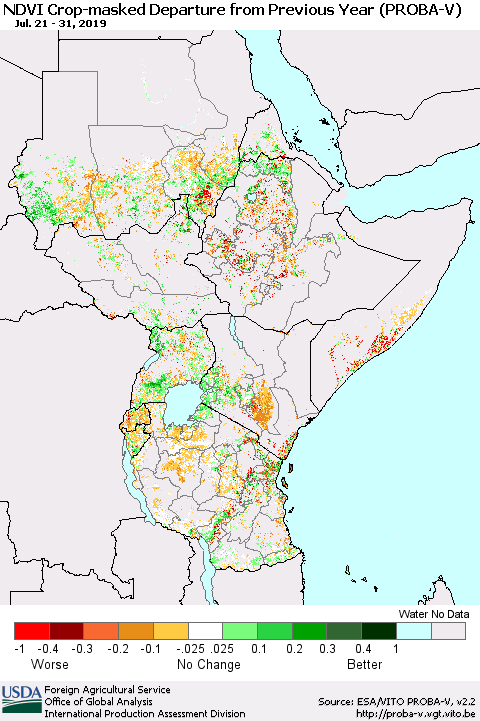 Eastern Africa NDVI Crop-masked Departure from Previous Year (PROBA-V) Thematic Map For 7/21/2019 - 7/31/2019