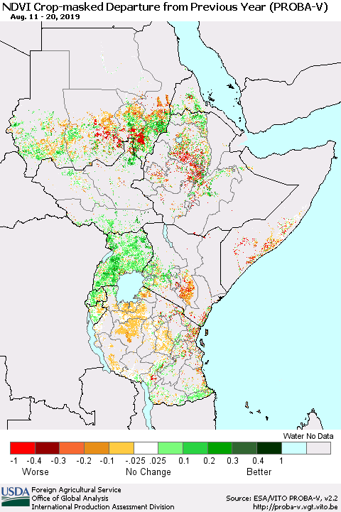 Eastern Africa NDVI Crop-masked Departure from Previous Year (PROBA-V) Thematic Map For 8/11/2019 - 8/20/2019