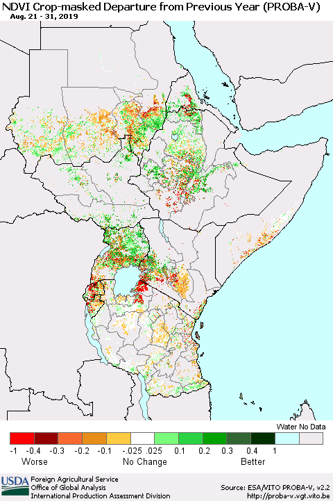 Eastern Africa NDVI Crop-masked Departure from Previous Year (PROBA-V) Thematic Map For 8/21/2019 - 8/31/2019