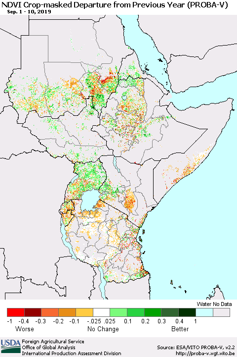 Eastern Africa NDVI Crop-masked Departure from Previous Year (PROBA-V) Thematic Map For 9/1/2019 - 9/10/2019