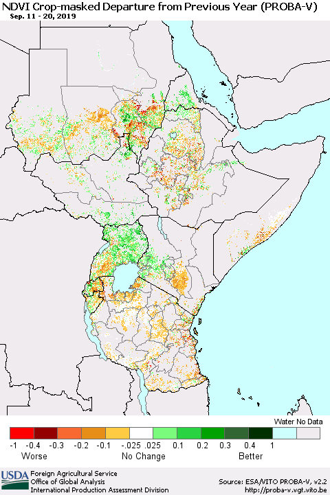 Eastern Africa NDVI Crop-masked Departure from Previous Year (PROBA-V) Thematic Map For 9/11/2019 - 9/20/2019