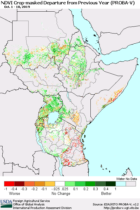 Eastern Africa NDVI Crop-masked Departure from Previous Year (PROBA-V) Thematic Map For 10/1/2019 - 10/10/2019