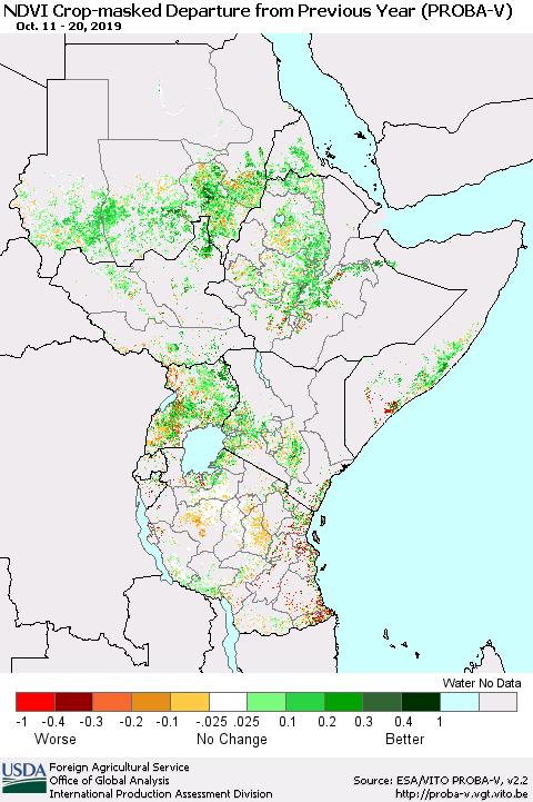 Eastern Africa NDVI Crop-masked Departure from Previous Year (PROBA-V) Thematic Map For 10/11/2019 - 10/20/2019