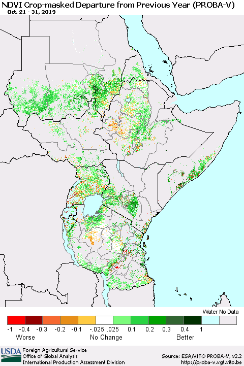 Eastern Africa NDVI Crop-masked Departure from Previous Year (PROBA-V) Thematic Map For 10/21/2019 - 10/31/2019
