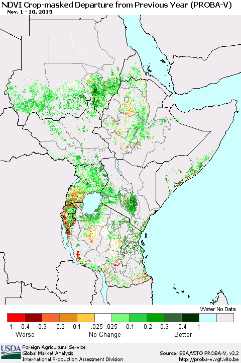 Eastern Africa NDVI Crop-masked Departure from Previous Year (PROBA-V) Thematic Map For 11/1/2019 - 11/10/2019