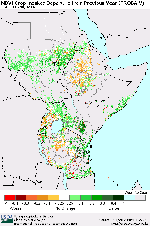 Eastern Africa NDVI Crop-masked Departure from Previous Year (PROBA-V) Thematic Map For 11/11/2019 - 11/20/2019