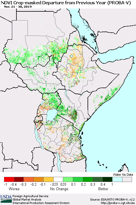 Eastern Africa NDVI Crop-masked Departure from Previous Year (PROBA-V) Thematic Map For 11/21/2019 - 11/30/2019