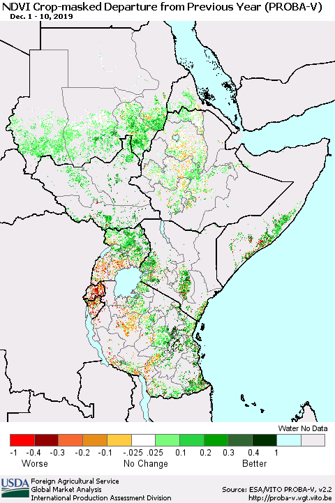 Eastern Africa NDVI Crop-masked Departure from Previous Year (PROBA-V) Thematic Map For 12/1/2019 - 12/10/2019