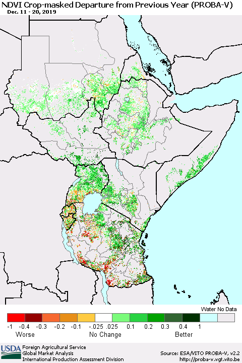 Eastern Africa NDVI Crop-masked Departure from Previous Year (PROBA-V) Thematic Map For 12/11/2019 - 12/20/2019