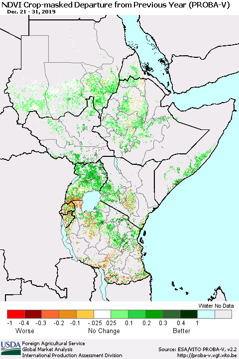 Eastern Africa NDVI Crop-masked Departure from Previous Year (PROBA-V) Thematic Map For 12/21/2019 - 12/31/2019