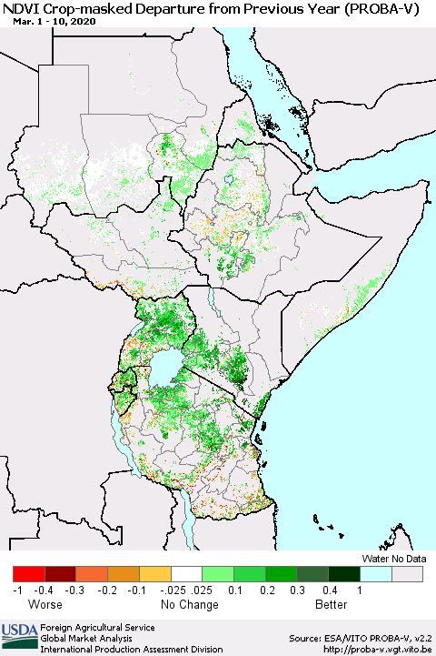 Eastern Africa NDVI Crop-masked Departure from Previous Year (PROBA-V) Thematic Map For 3/1/2020 - 3/10/2020