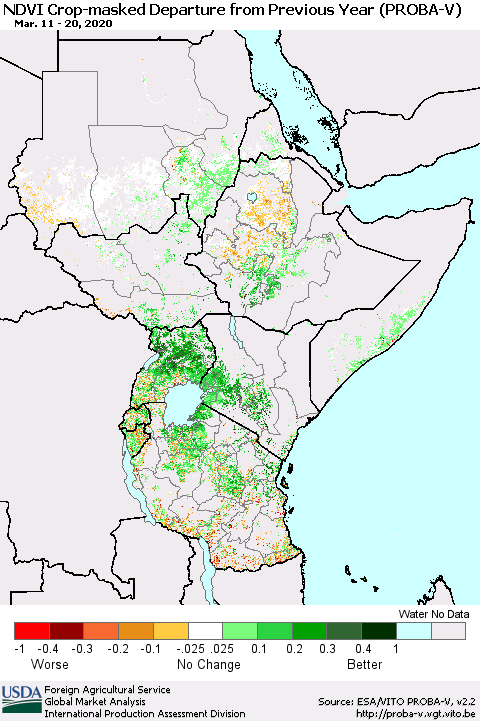 Eastern Africa NDVI Crop-masked Departure from Previous Year (PROBA-V) Thematic Map For 3/11/2020 - 3/20/2020