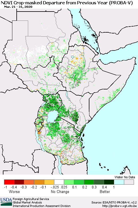 Eastern Africa NDVI Crop-masked Departure from Previous Year (PROBA-V) Thematic Map For 3/21/2020 - 3/31/2020