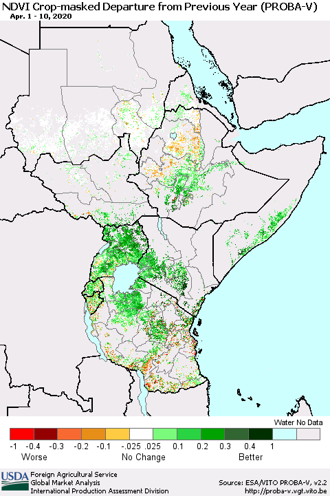 Eastern Africa NDVI Crop-masked Departure from Previous Year (PROBA-V) Thematic Map For 4/1/2020 - 4/10/2020