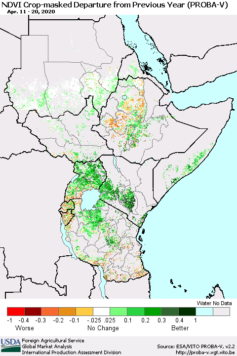 Eastern Africa NDVI Crop-masked Departure from Previous Year (PROBA-V) Thematic Map For 4/11/2020 - 4/20/2020