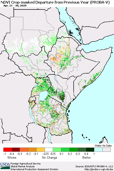 Eastern Africa NDVI Crop-masked Departure from Previous Year (PROBA-V) Thematic Map For 4/21/2020 - 4/30/2020