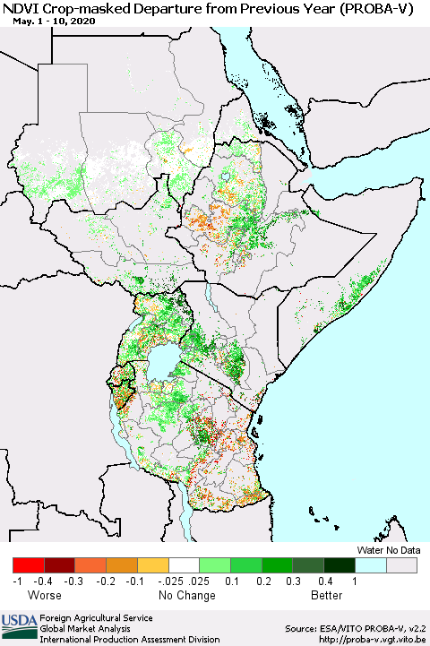 Eastern Africa NDVI Crop-masked Departure from Previous Year (PROBA-V) Thematic Map For 5/1/2020 - 5/10/2020