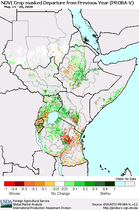 Eastern Africa NDVI Crop-masked Departure from Previous Year (PROBA-V) Thematic Map For 5/11/2020 - 5/20/2020