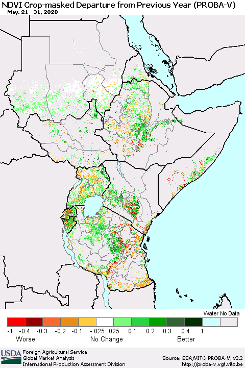 Eastern Africa NDVI Crop-masked Departure from Previous Year (PROBA-V) Thematic Map For 5/21/2020 - 5/31/2020