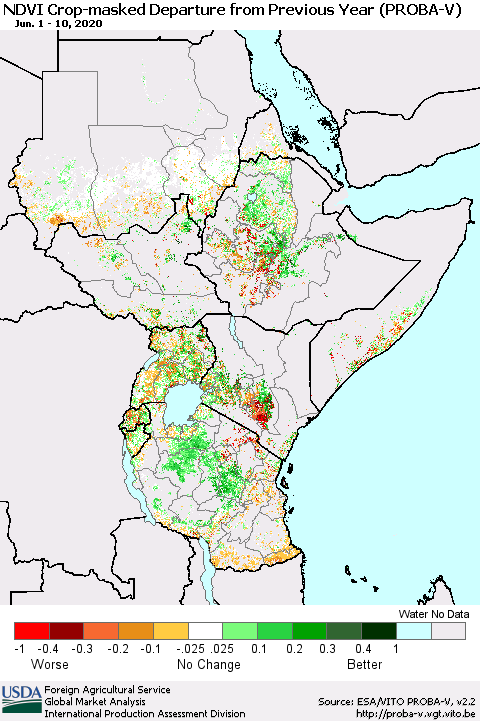 Eastern Africa NDVI Crop-masked Departure from Previous Year (PROBA-V) Thematic Map For 6/1/2020 - 6/10/2020