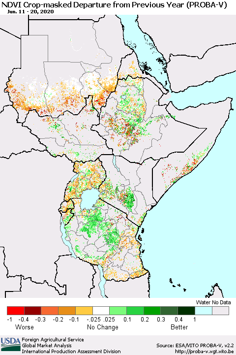 Eastern Africa NDVI Crop-masked Departure from Previous Year (PROBA-V) Thematic Map For 6/11/2020 - 6/20/2020