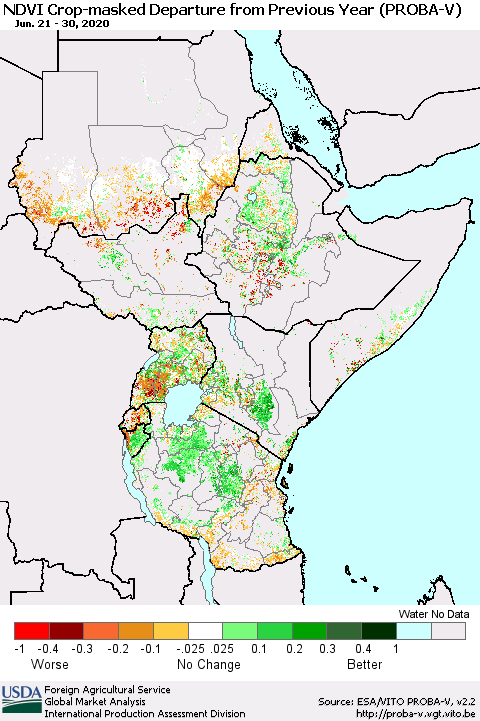 Eastern Africa NDVI Crop-masked Departure from Previous Year (PROBA-V) Thematic Map For 6/21/2020 - 6/30/2020