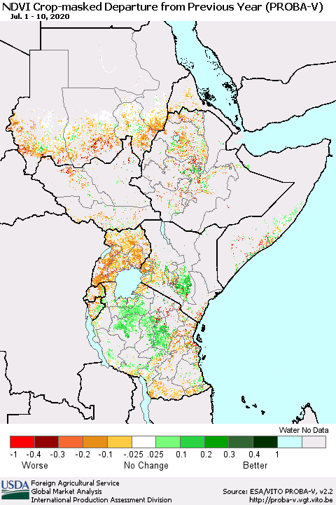 Eastern Africa NDVI Crop-masked Departure from Previous Year (PROBA-V) Thematic Map For 7/1/2020 - 7/10/2020