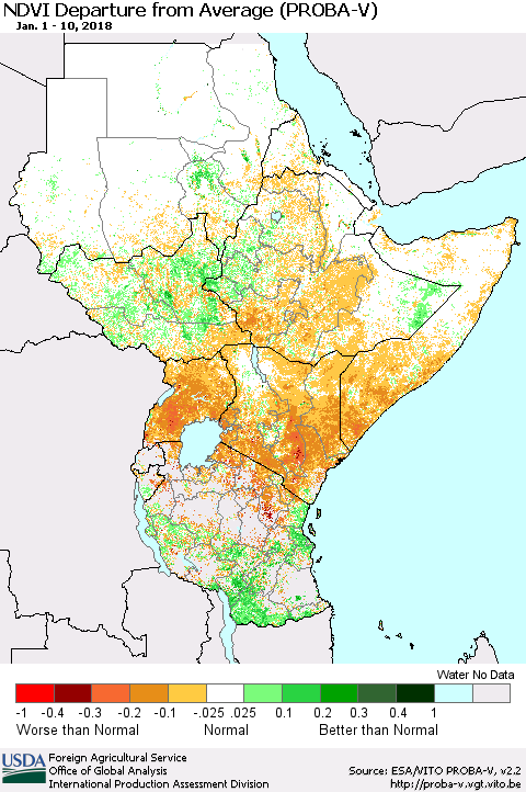 Eastern Africa NDVI Departure from Average (PROBA-V) Thematic Map For 1/1/2018 - 1/10/2018