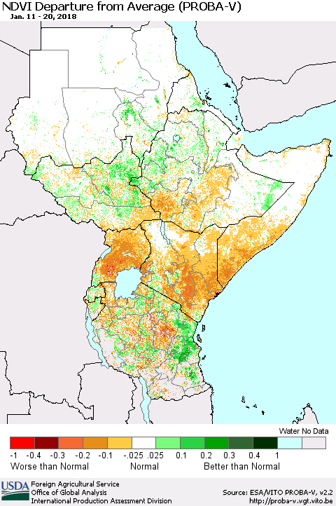 Eastern Africa NDVI Departure from Average (PROBA-V) Thematic Map For 1/11/2018 - 1/20/2018