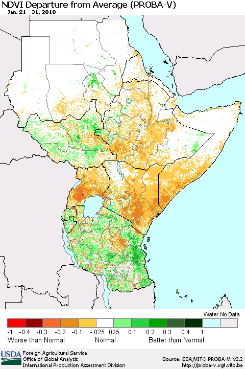 Eastern Africa NDVI Departure from Average (PROBA-V) Thematic Map For 1/21/2018 - 1/31/2018